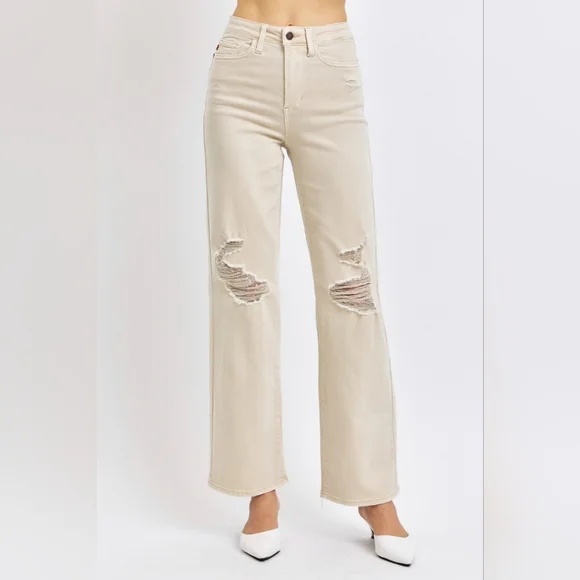 High Rise Mom Jeans Distressed Torn Knee Wide Leg Cream Denim Pants Judy Blue - Picture 7 of 14